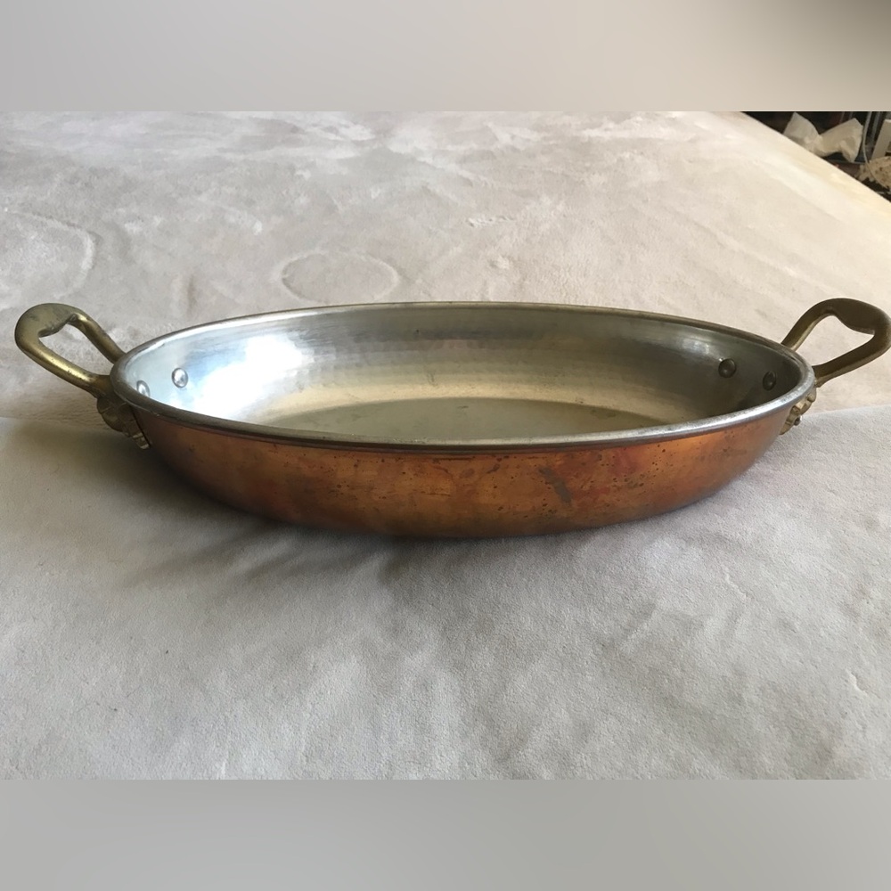Ruffoni Hammered Copper Oval Serving Au-Gratin Pan, Tin lined Acorn handles